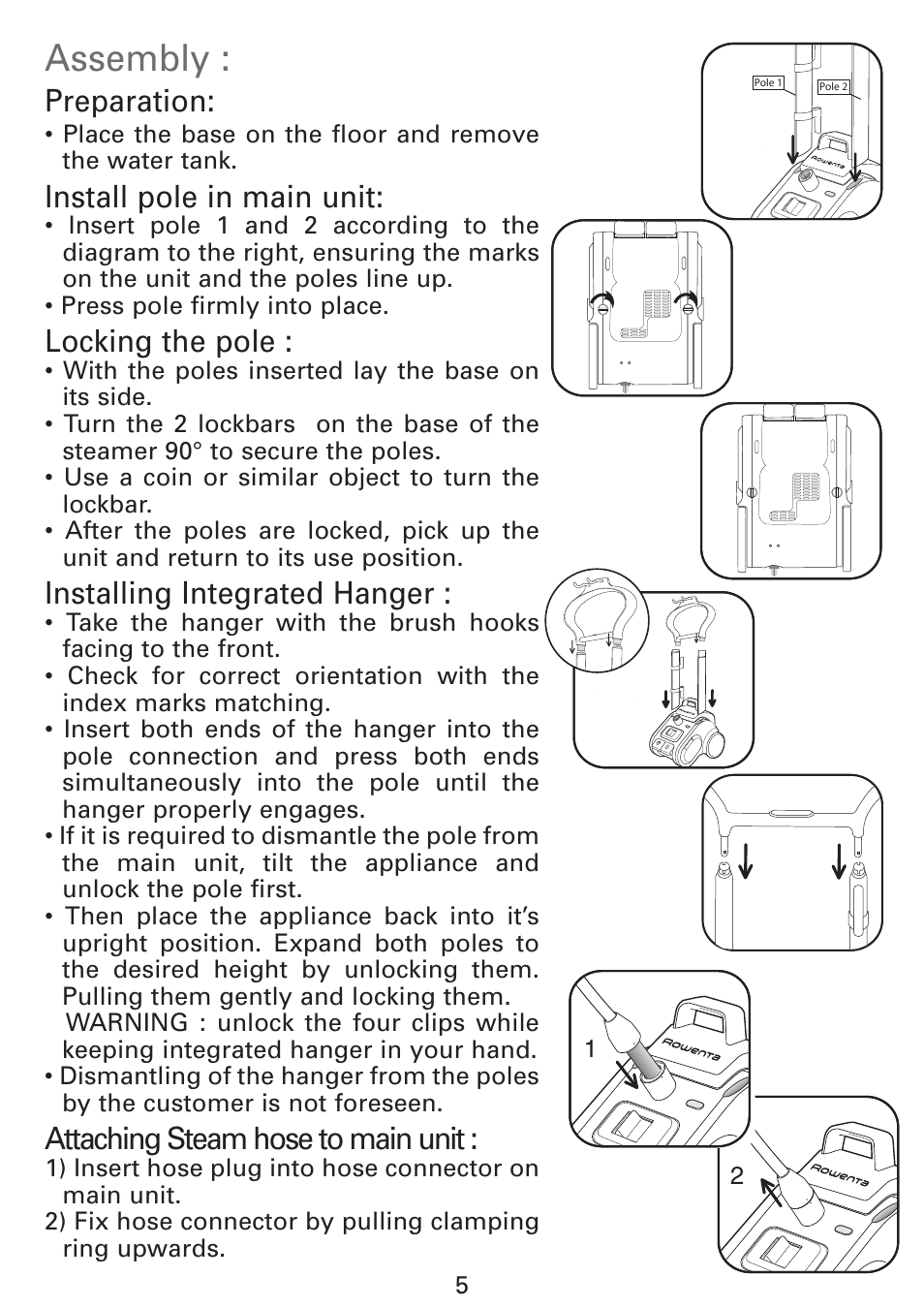 Assembly, Preparation, Install pole in main unit | Locking the pole, Installing integrated hanger, Attaching steam hose to main unit | ROWENTA GARMENT STEAMER IS9000 User Manual | Page 5 / 12