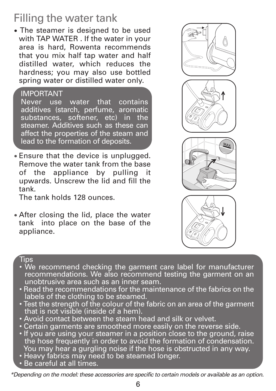 Filling the water tank | ROWENTA GARMENT STEAMER IS9000 User Manual | Page 6 / 12