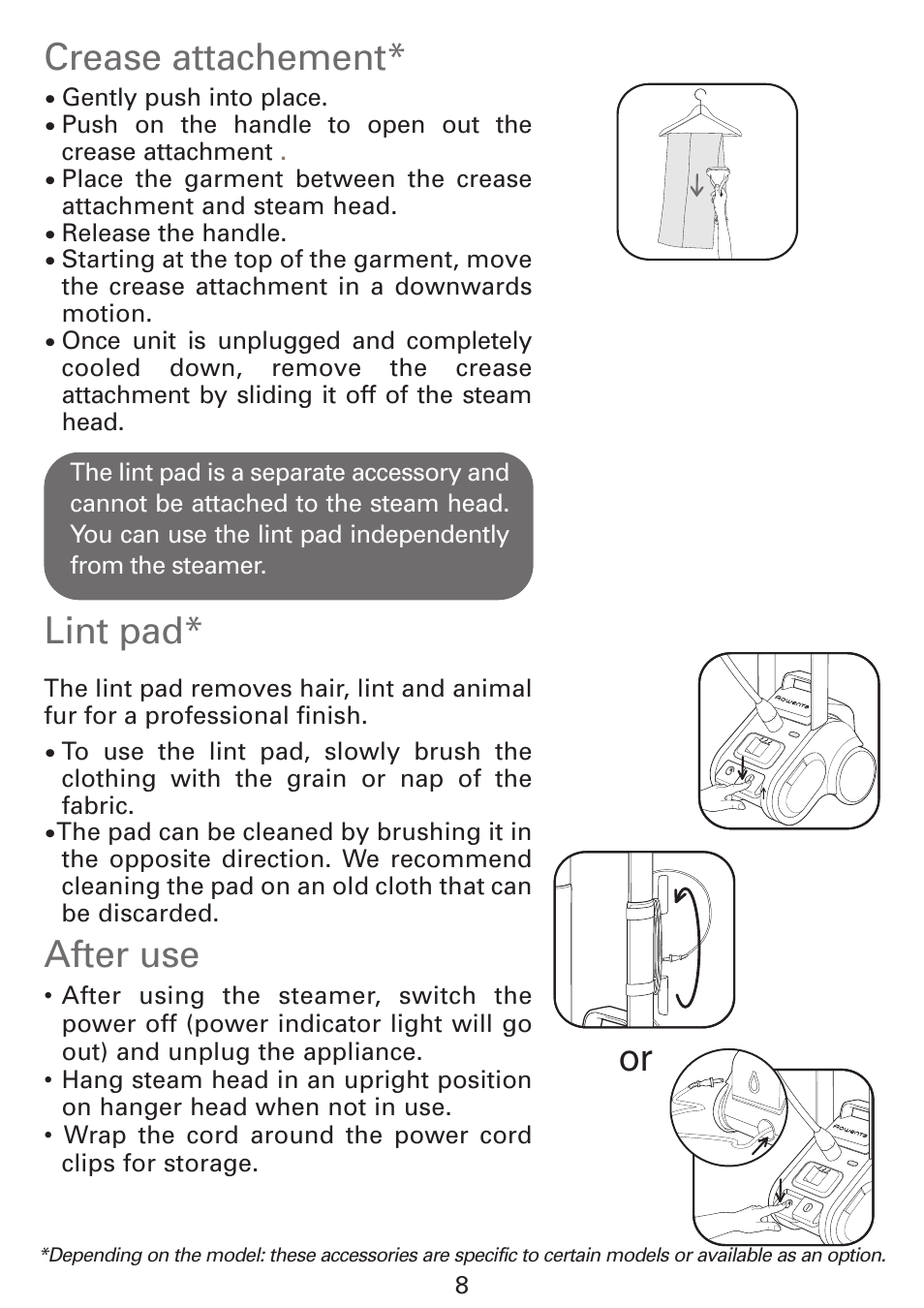 Crease attachement, Lint pad, After use | ROWENTA GARMENT STEAMER IS9000 User Manual | Page 8 / 12