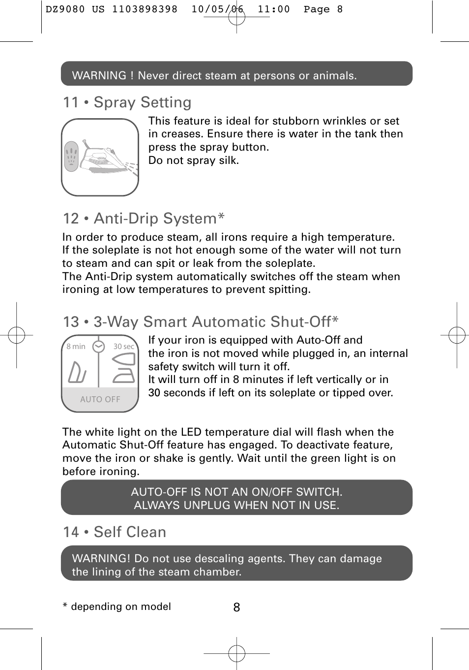 11 • spray setting, 12 • anti-drip system, 13 • 3-way smart automatic shut-off | 14 • self clean | ROWENTA Dz9080 User Manual | Page 10 / 15