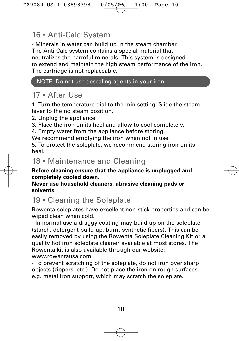 16 • anti-calc system, 17 • after use, 18 • maintenance and cleaning | 19 • cleaning the soleplate | ROWENTA Dz9080 User Manual | Page 12 / 15