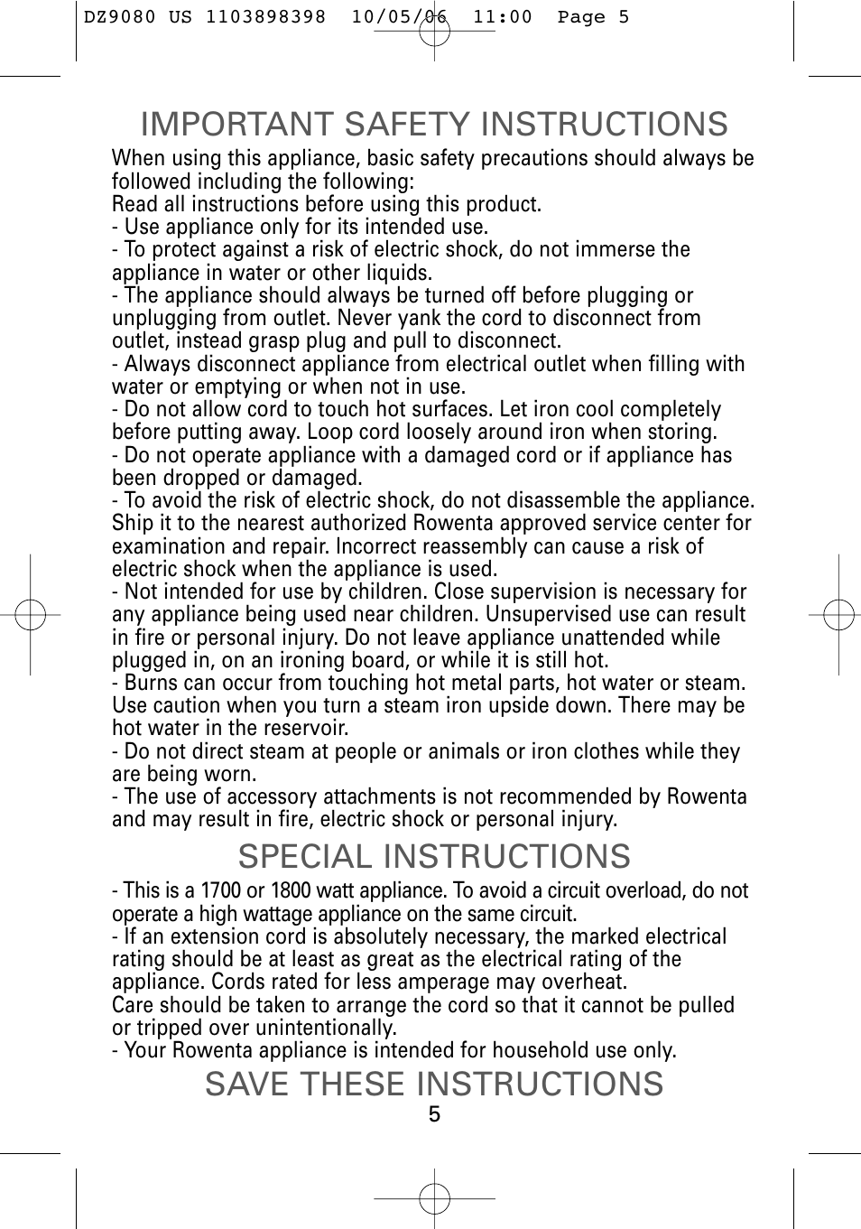 Important safety instructions, Special instructions, Save these instructions | ROWENTA Dz9080 User Manual | Page 4 / 15