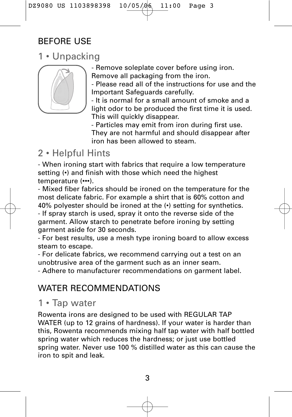 1 • unpacking, 2 • helpful hints, 1 • tap water | ROWENTA Dz9080 User Manual | Page 5 / 15