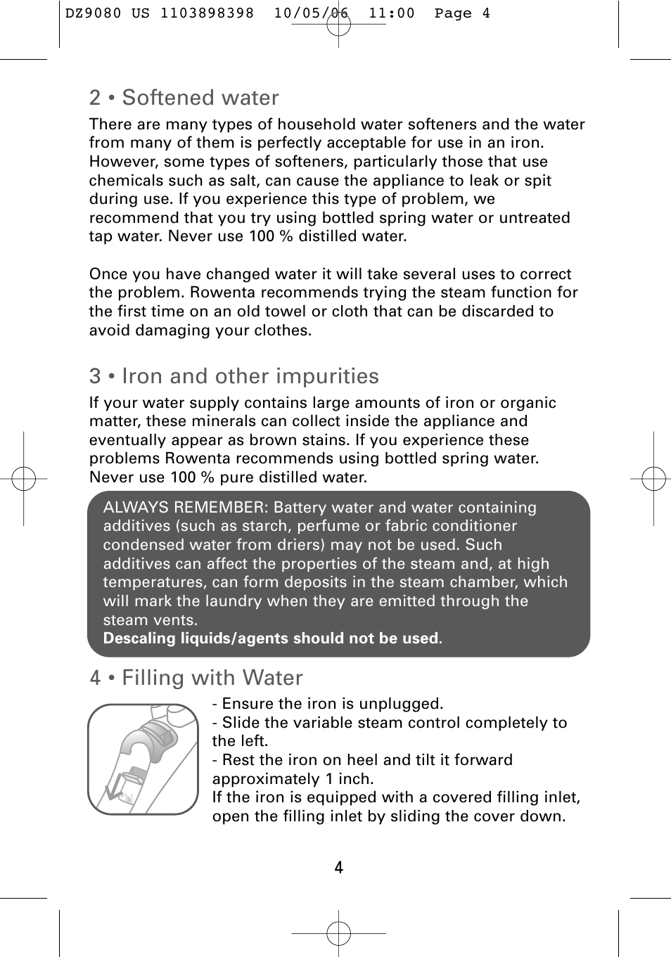 2 • softened water, 3 • iron and other impurities, 4 • filling with water | ROWENTA Dz9080 User Manual | Page 6 / 15