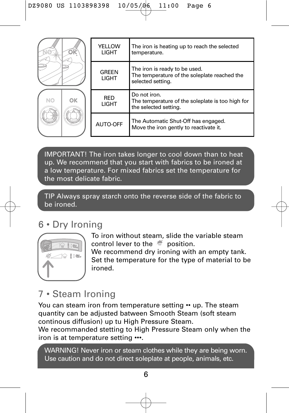 6 • dry ironing, 7 • steam ironing | ROWENTA Dz9080 User Manual | Page 8 / 15