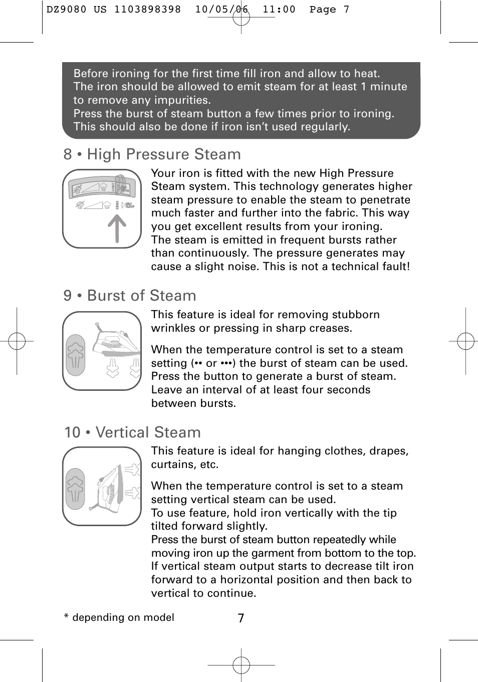 8 • high pressure steam, 9 • burst of steam, 10 • vertical steam | ROWENTA Dz9080 User Manual | Page 9 / 15