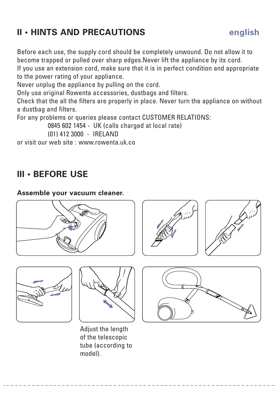 Iii • before use ii • hints and precautions, English | ROWENTA NEO 566270 User Manual | Page 3 / 8