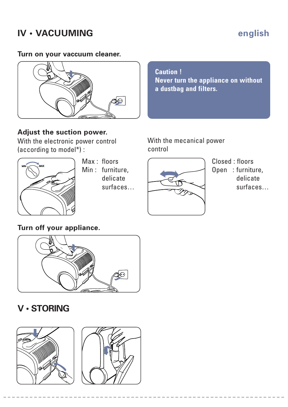 Iv • vacuuming v • storing, English | ROWENTA NEO 566270 User Manual | Page 4 / 8