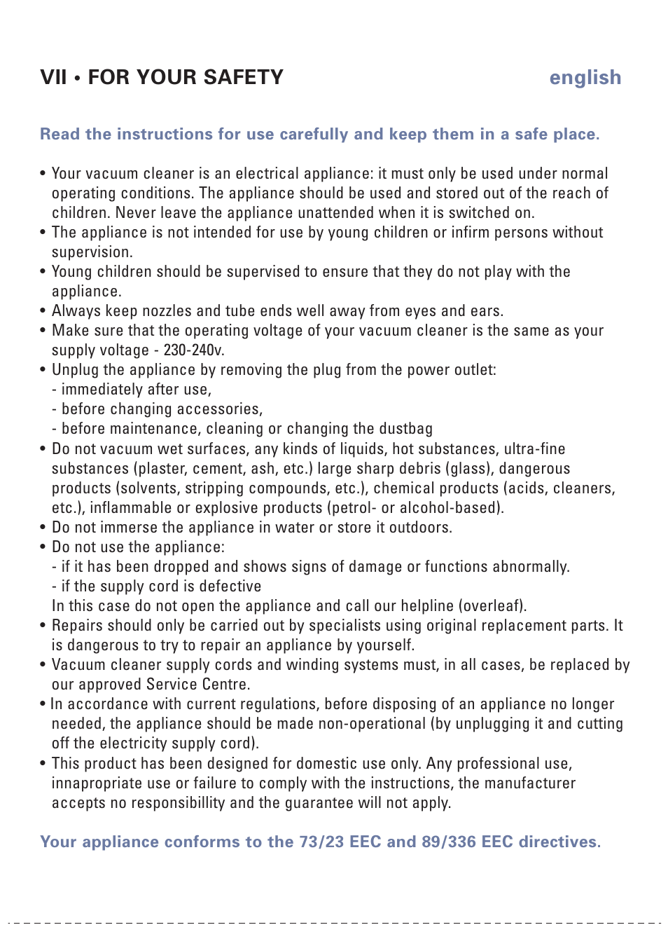 Vii • for your safety, English | ROWENTA NEO 566270 User Manual | Page 7 / 8