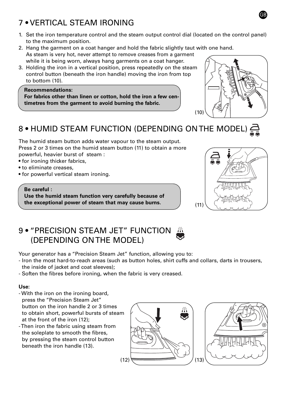 7 • vertical steam ironing, 8 • humid steam function (depending on the model) | ROWENTA 42449 User Manual | Page 6 / 12
