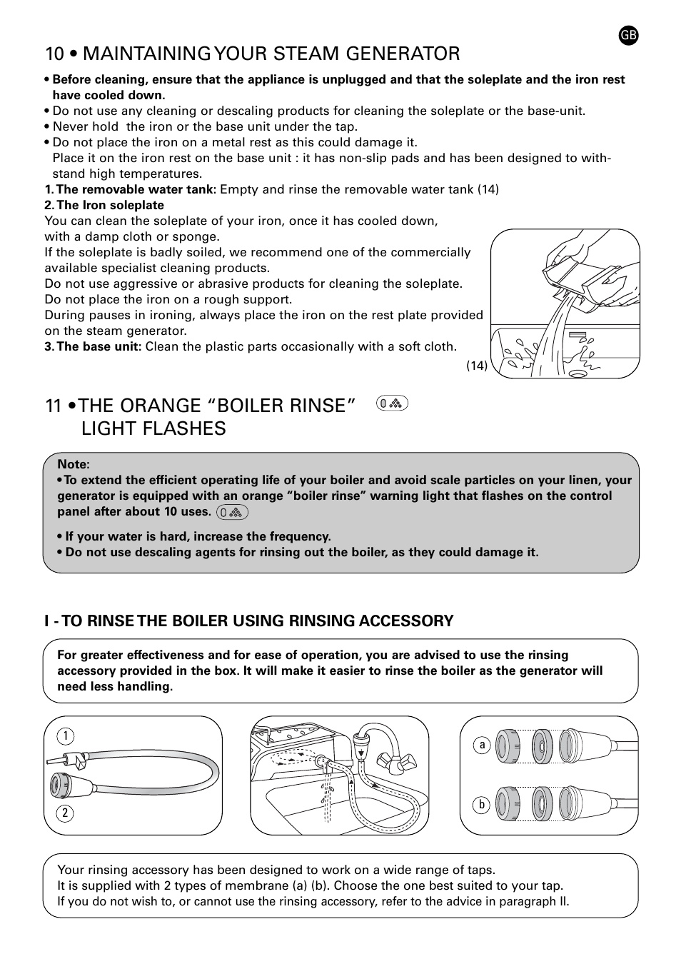 10 • maintaining your steam generator, 11 • the orange “boiler rinse” light flashes | ROWENTA 42449 User Manual | Page 7 / 12