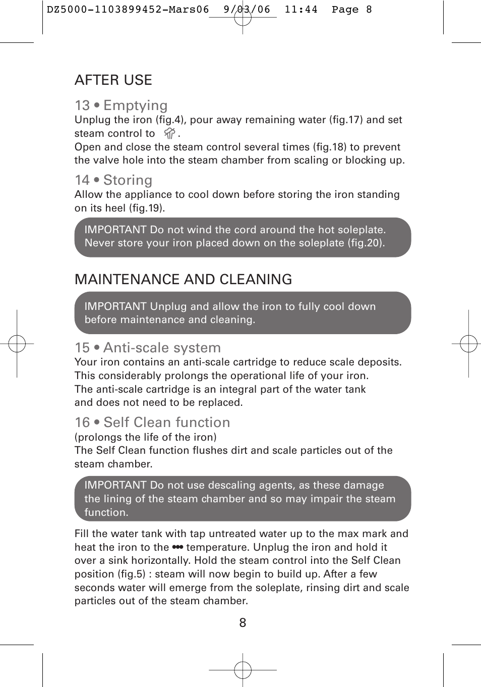 After use 13 • emptying, 14 • storing, Maintenance and cleaning | 15 • anti-scale system, 16 • self clean function | ROWENTA DZ5020 User Manual | Page 11 / 14