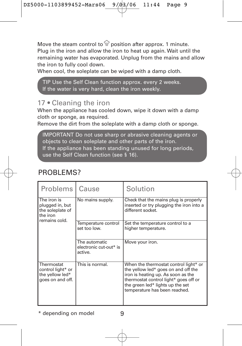 17 • cleaning the iron, Problems cause solution, Problems | ROWENTA DZ5020 User Manual | Page 12 / 14