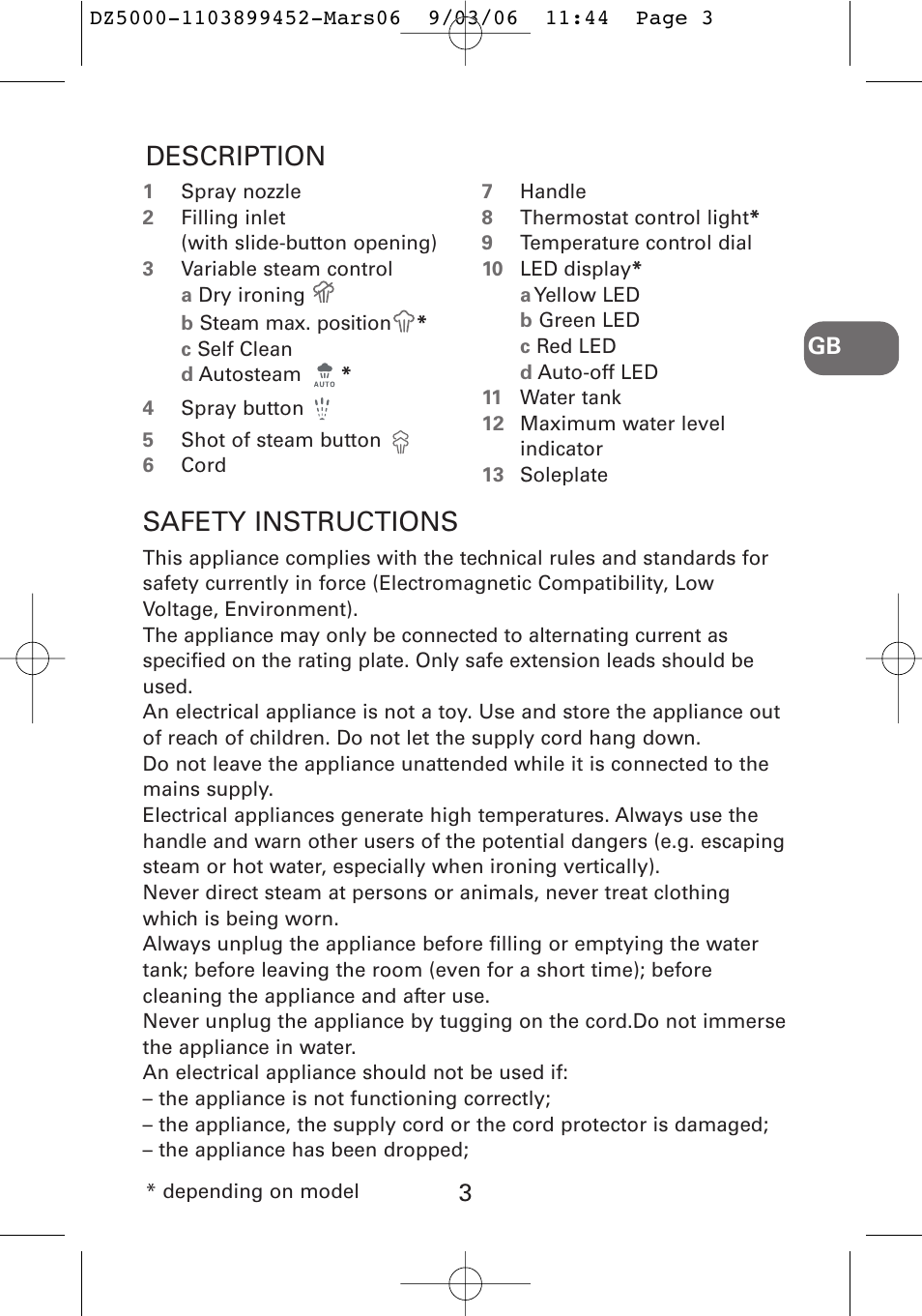 Description safety instructions | ROWENTA DZ5020 User Manual | Page 6 / 14