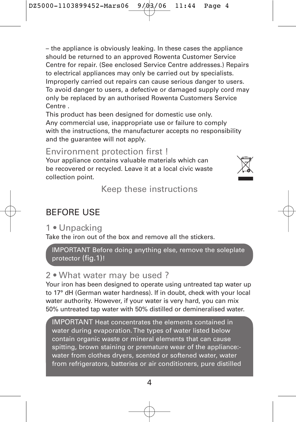 Environment protection first, Keep these instructions before use 1 • unpacking, 2 • what water may be used | ROWENTA DZ5020 User Manual | Page 7 / 14