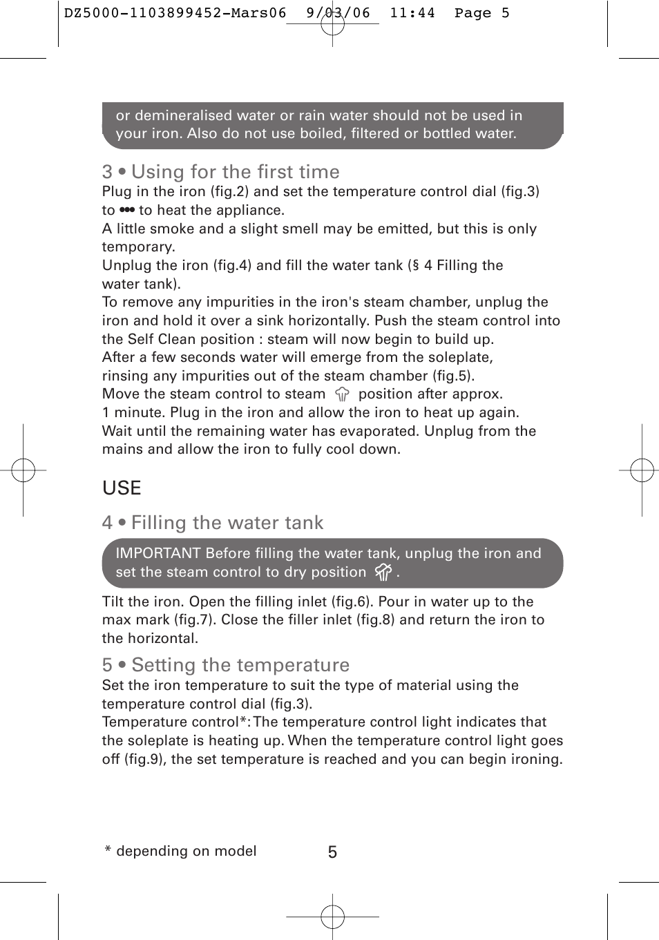 3 • using for the first time, Use 4 • filling the water tank, 5 • setting the temperature | ROWENTA DZ5020 User Manual | Page 8 / 14