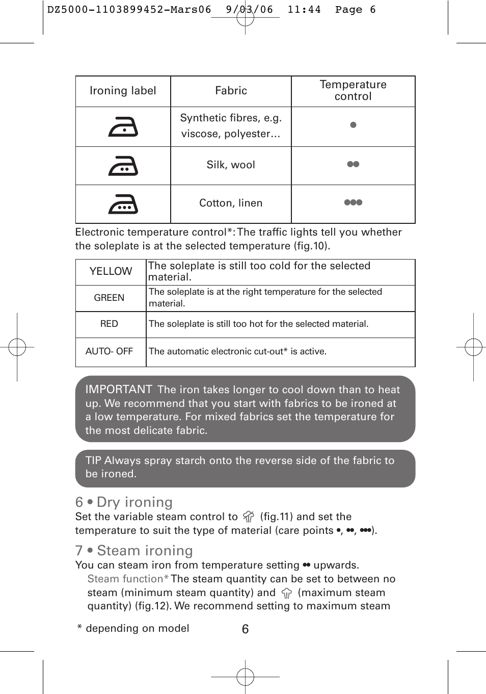 6 • dry ironing, 7 • steam ironing | ROWENTA DZ5020 User Manual | Page 9 / 14