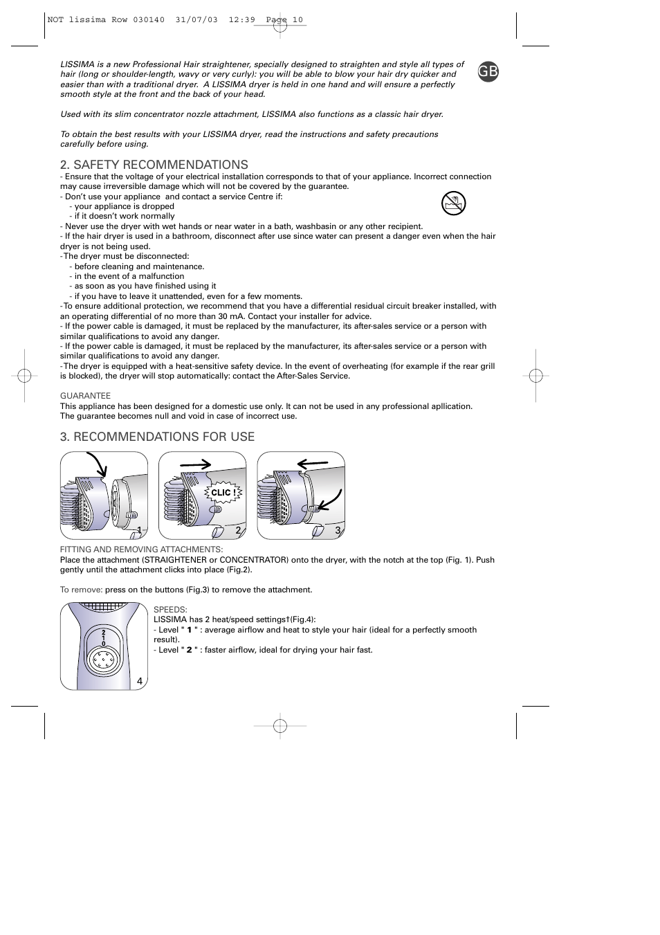 Safety recommendations, Recommendations for use | ROWENTA LISSIMA PH570 User Manual | Page 3 / 8