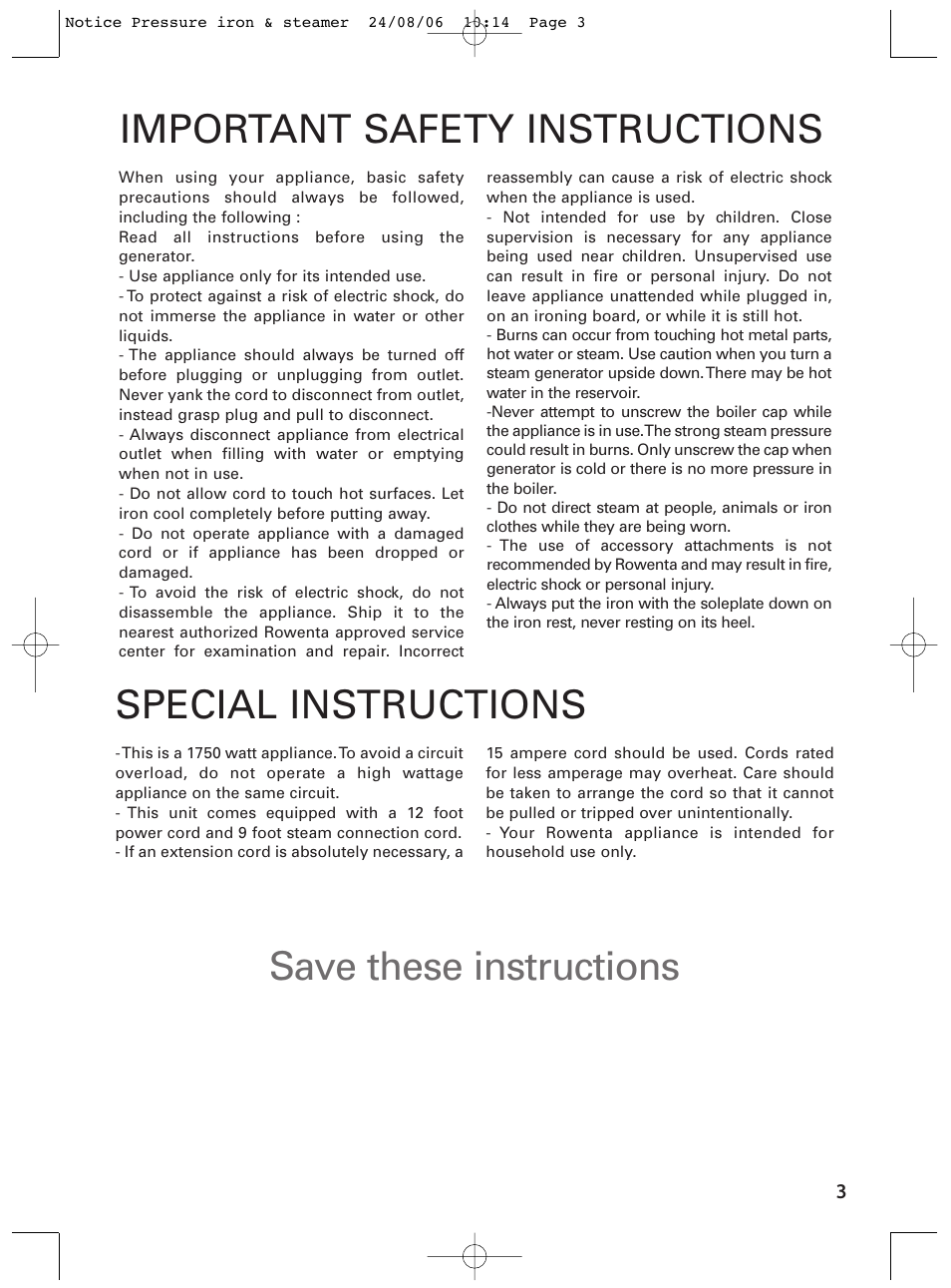 Important safety instructions, Special instructions save these instructions | ROWENTA Pressure iron & steamer User Manual | Page 3 / 8