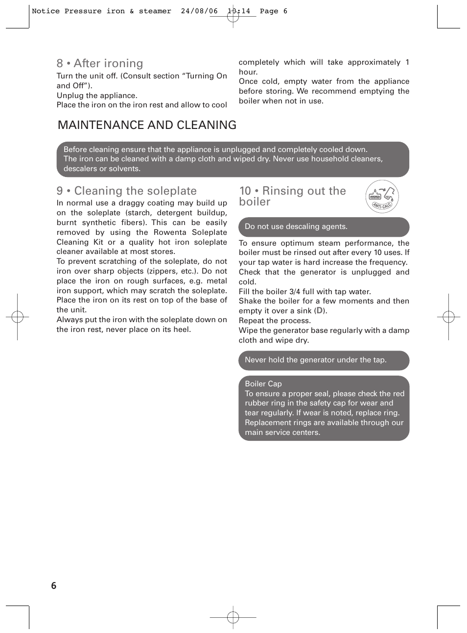 9 • cleaning the soleplate, 10 • rinsing out the boiler, Maintenance and cleaning | 8 • after ironing | ROWENTA Pressure iron & steamer User Manual | Page 6 / 8