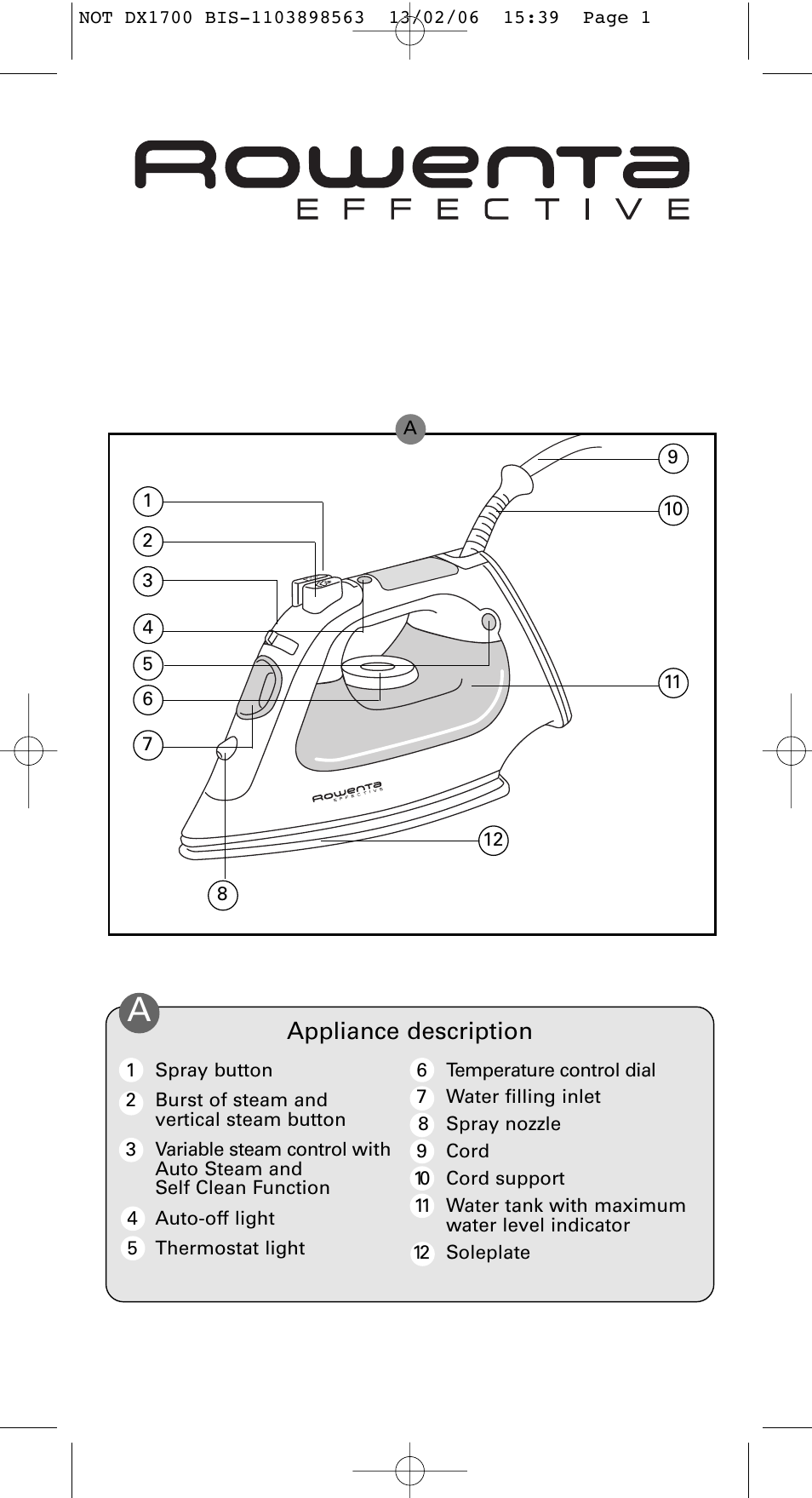 ROWENTA Variable steam control iron User Manual | 10 pages