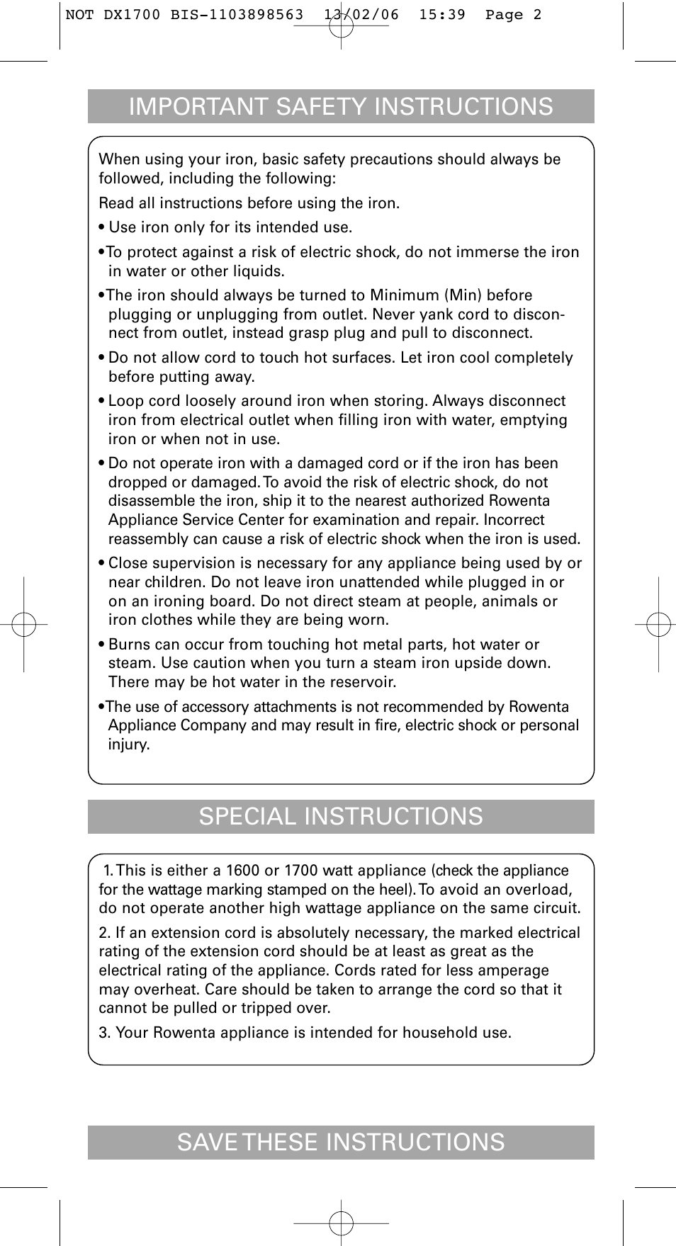 Important safety instructions, Special instructions, Save these instructions | ROWENTA Variable steam control iron User Manual | Page 2 / 10
