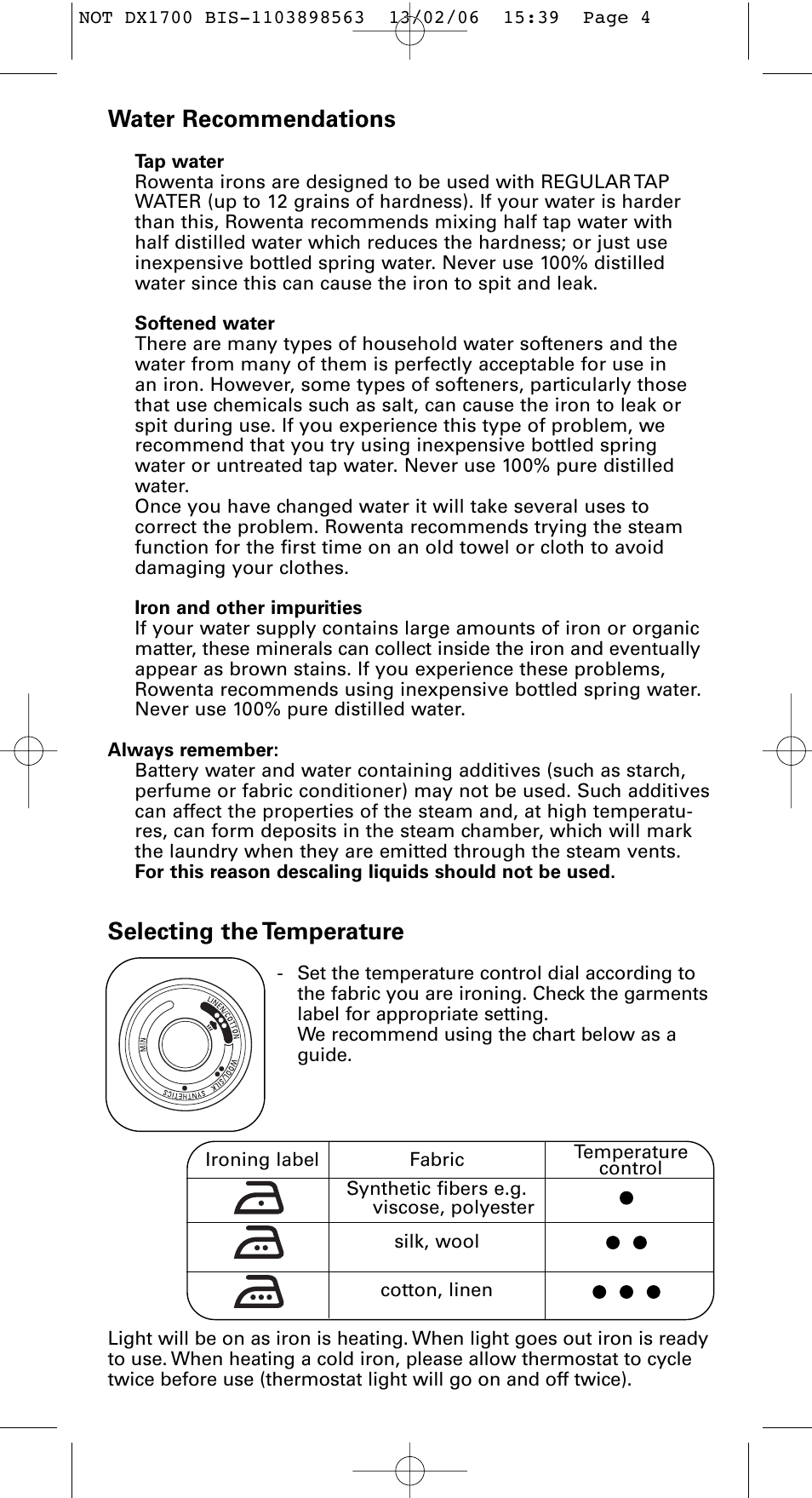 Water recommendations, Selecting the temperature | ROWENTA Variable steam control iron User Manual | Page 4 / 10