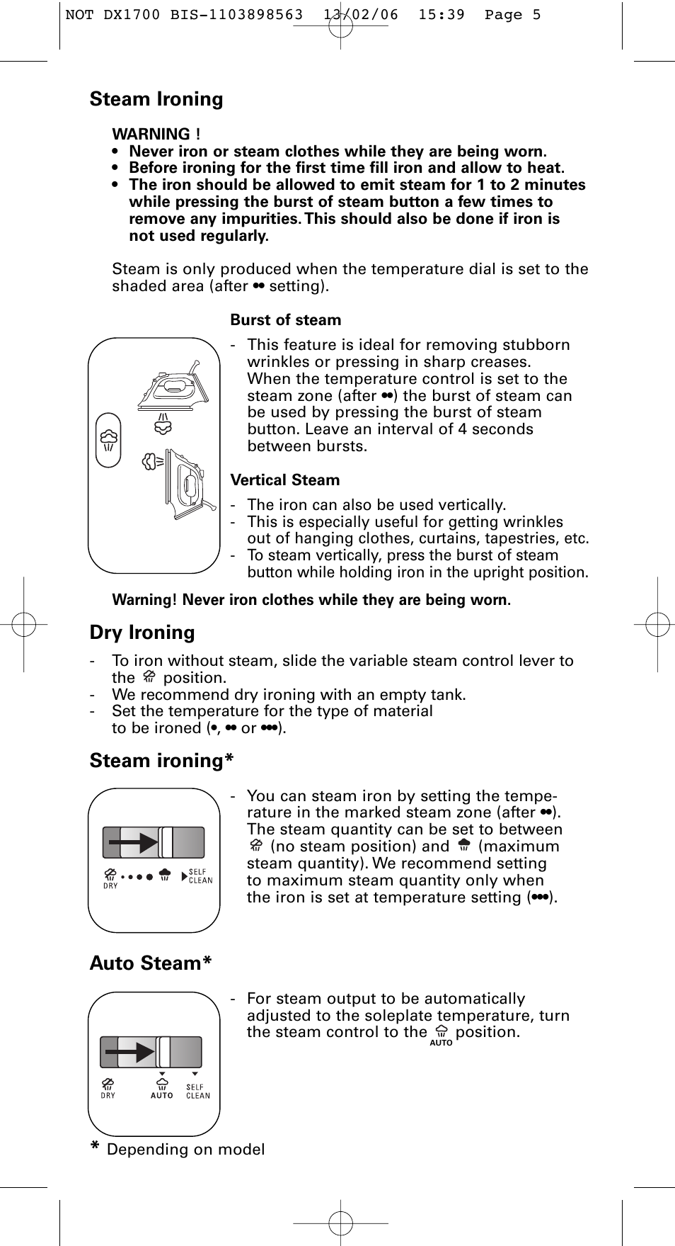 Steam ironing, Dry ironing, Auto steam | ROWENTA Variable steam control iron User Manual | Page 5 / 10