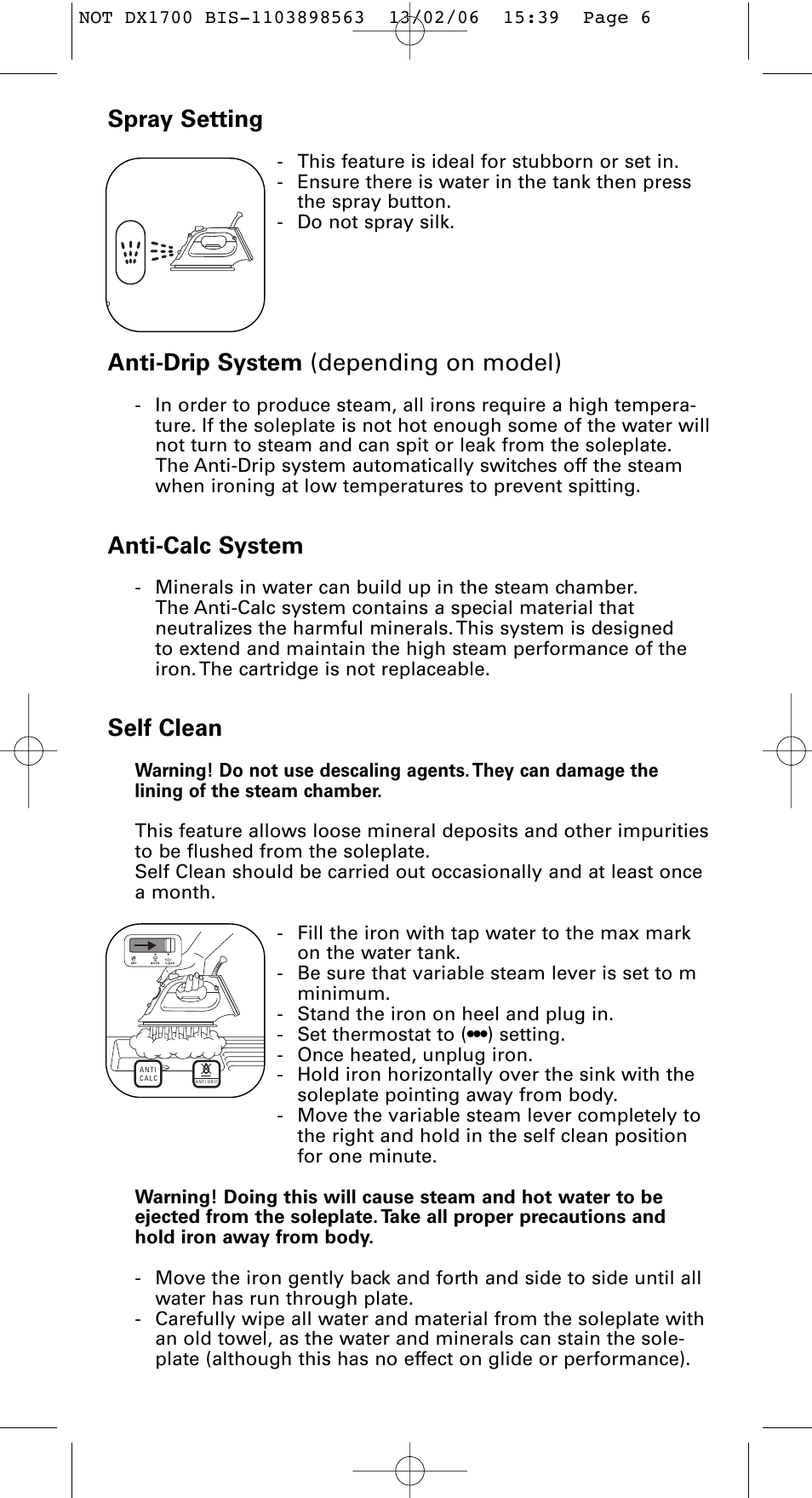 Spray setting, Anti-drip system (depending on model), Anti-calc system | Self clean | ROWENTA Variable steam control iron User Manual | Page 6 / 10