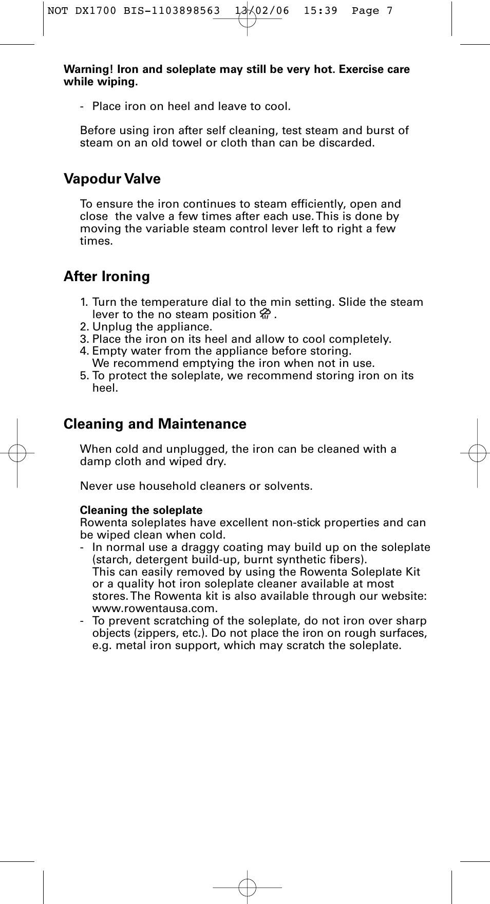 Vapodur valve, After ironing, Cleaning and maintenance | ROWENTA Variable steam control iron User Manual | Page 7 / 10