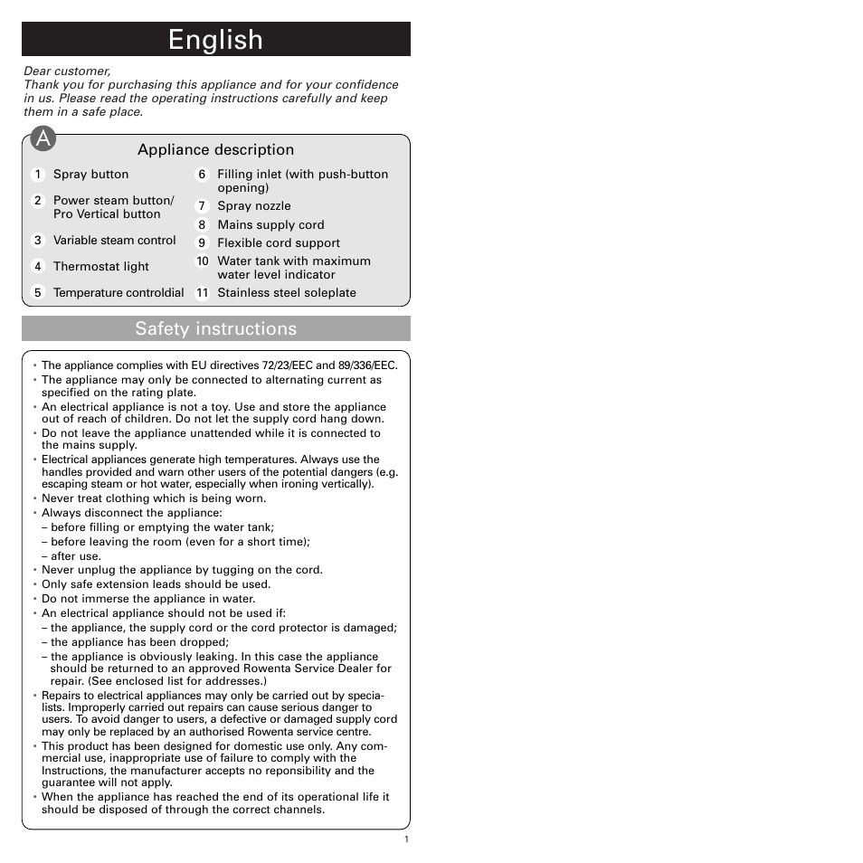 English, Safety instructions | ROWENTA POWER DUO 1103465594 User Manual | Page 3 / 5