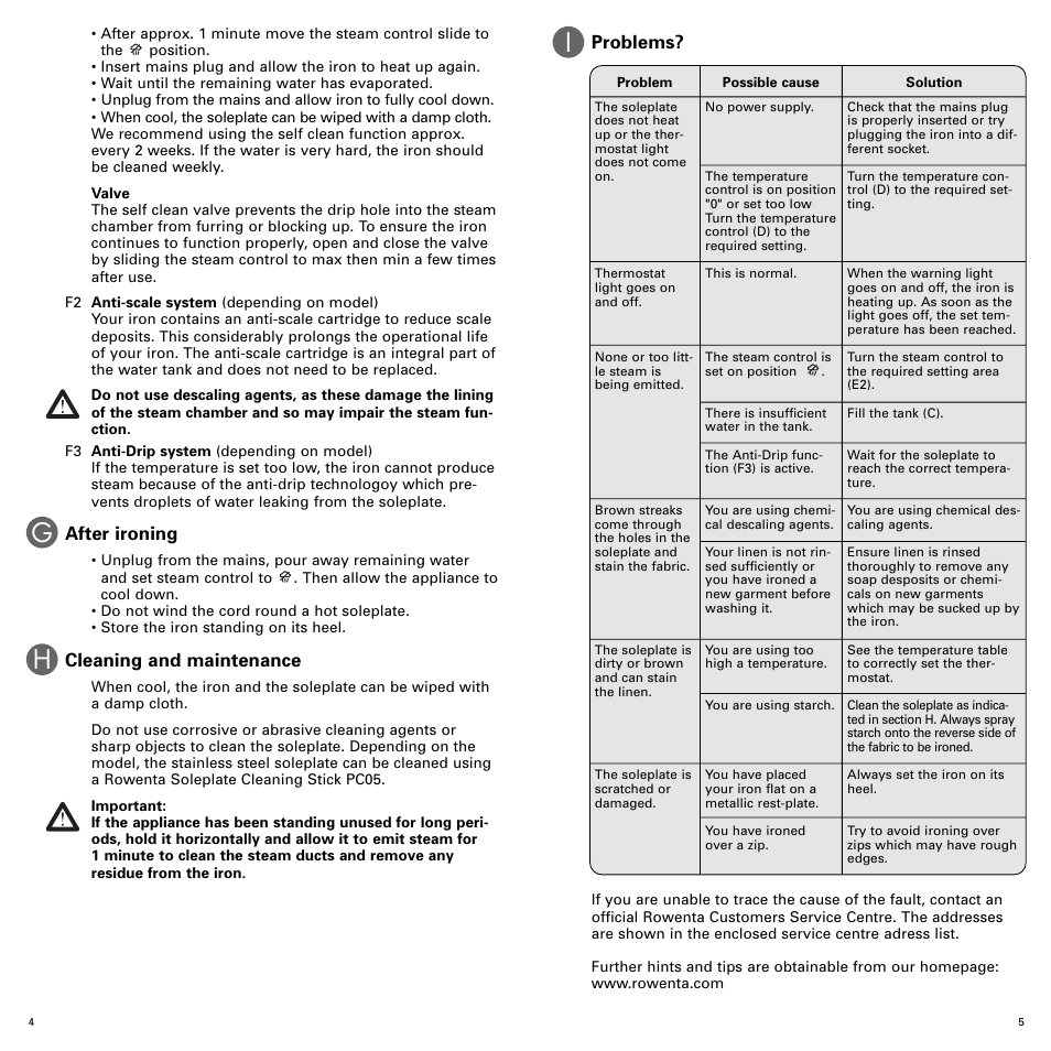 After ironing, Cleaning and maintenance, Problems | ROWENTA POWER DUO 1103465594 User Manual | Page 5 / 5