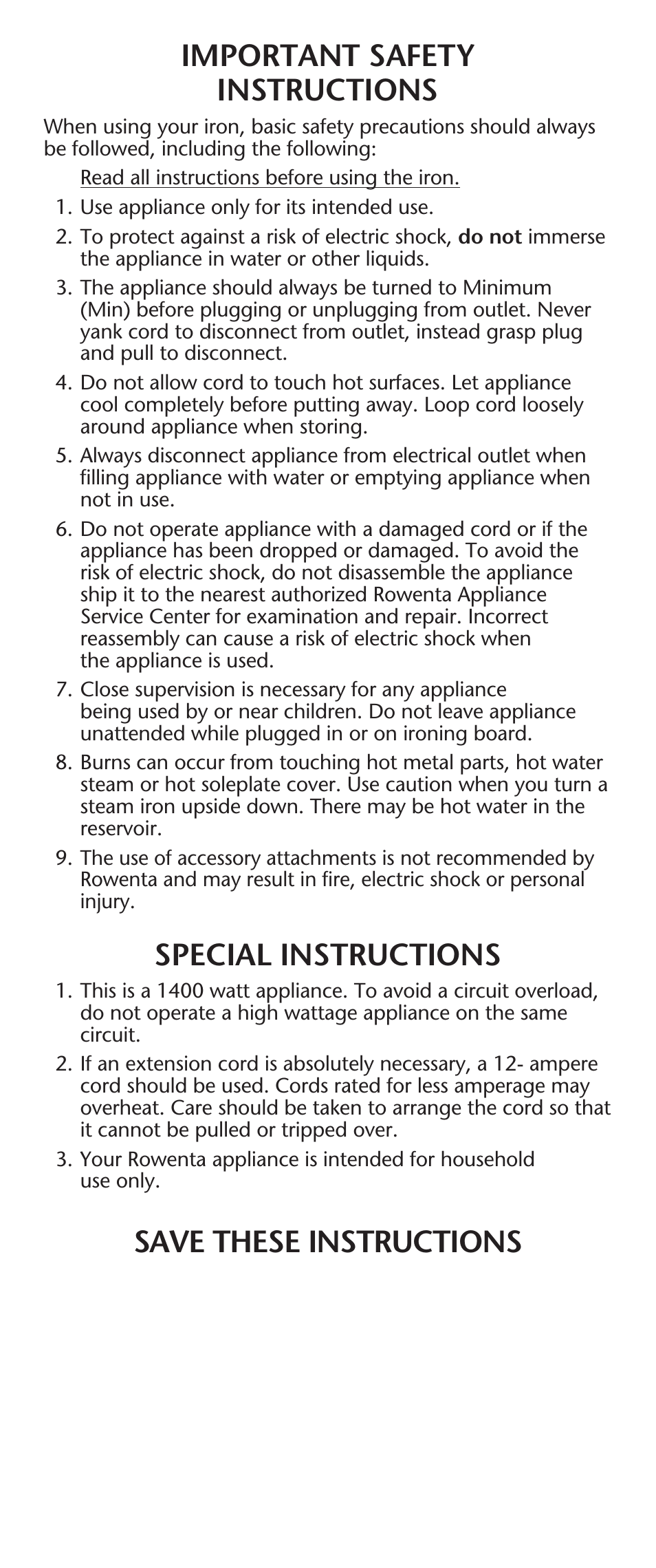 Important safety instructions, Special instructions, Save these instructions | ROWENTA 63016 User Manual | Page 2 / 10