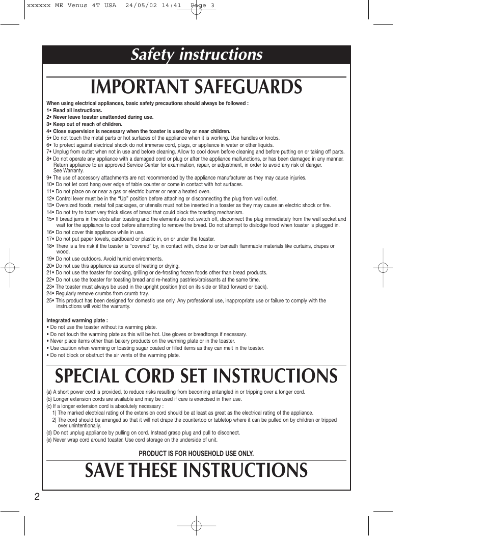 Important safeguards, Special cord set instructions, Save these instructions | Safety instructions | ROWENTA TO 91 User Manual | Page 2 / 8
