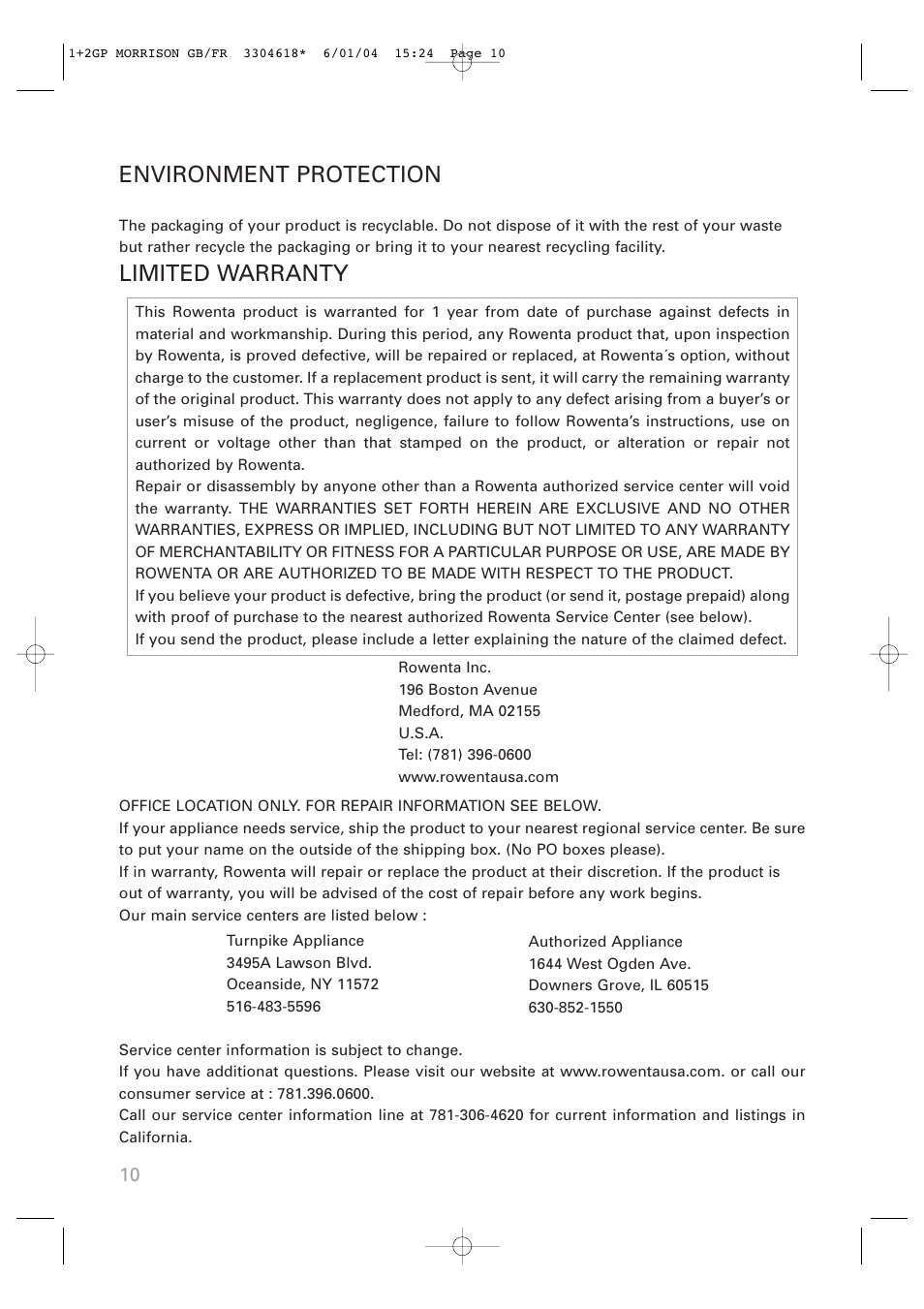 Environment protection, Limited warranty | ROWENTA Toaster User Manual | Page 10 / 11