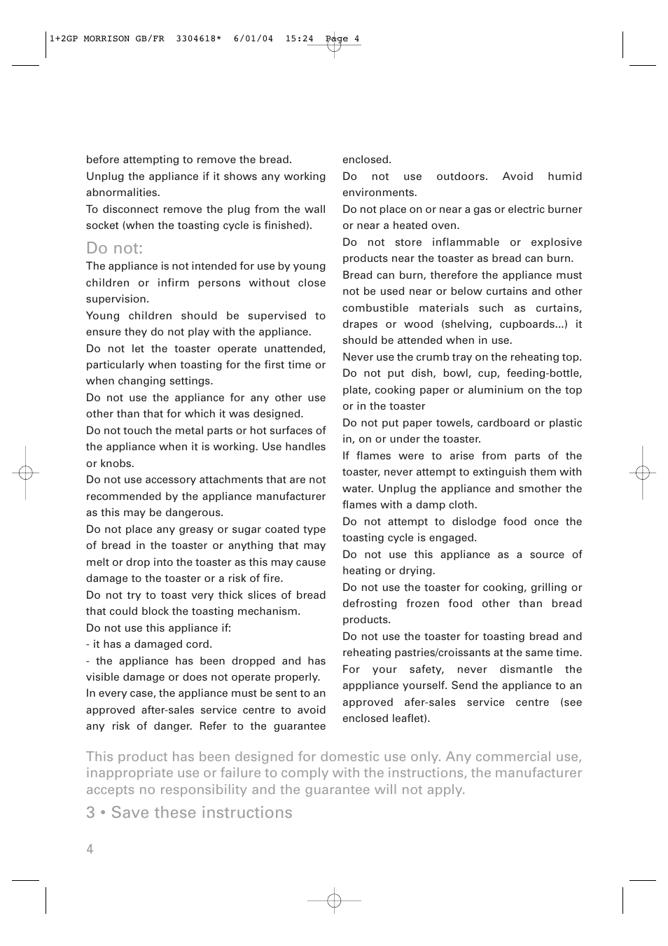 Do not, 3 • save these instructions | ROWENTA Toaster User Manual | Page 4 / 11