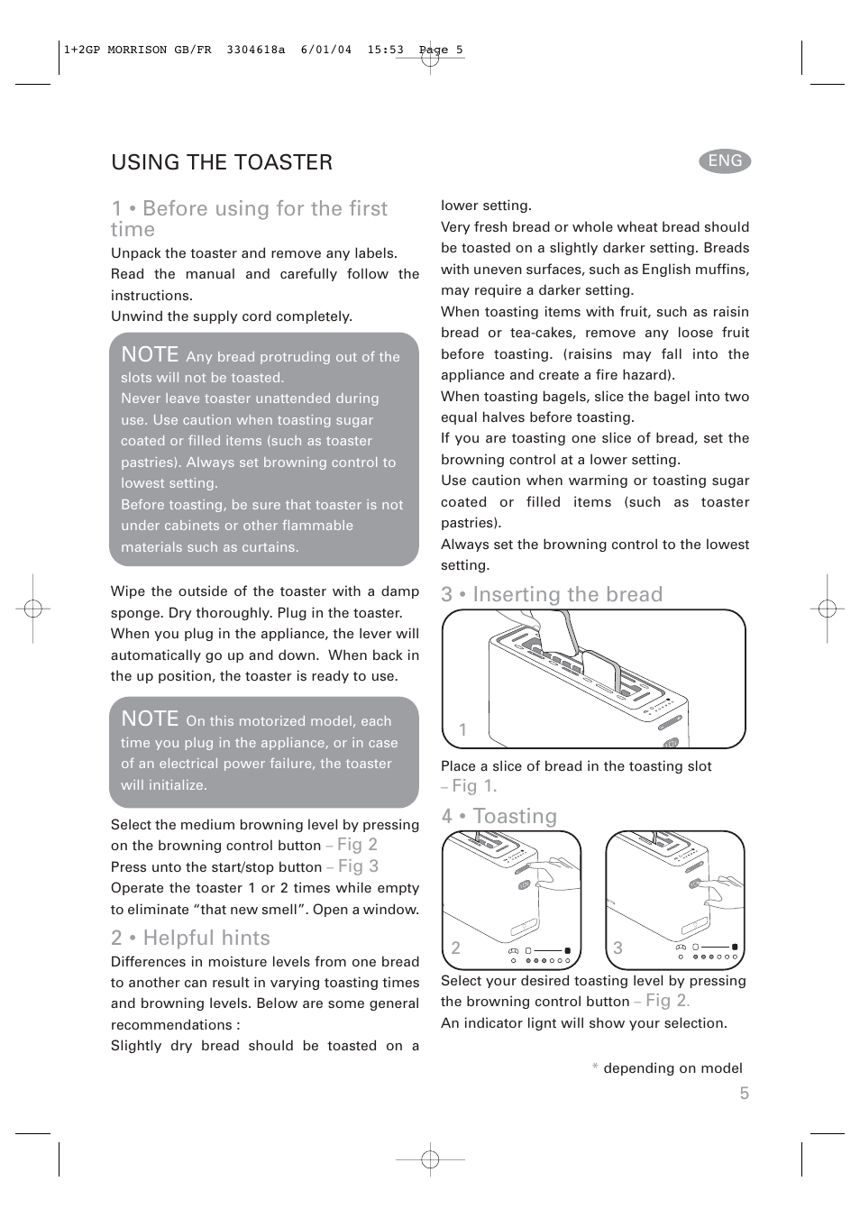 1 • before using for the first time, 2 • helpful hints, 3 • inserting the bread | 4 • toasting | ROWENTA Toaster User Manual | Page 5 / 11