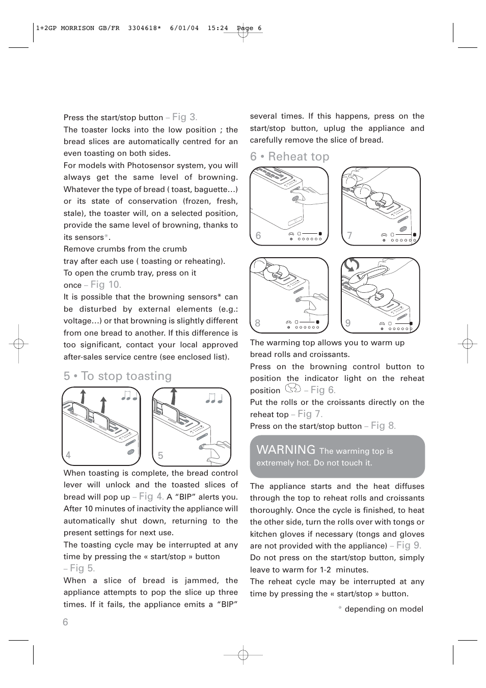 5 • to stop toasting, 6 • reheat top, Warning | ROWENTA Toaster User Manual | Page 6 / 11