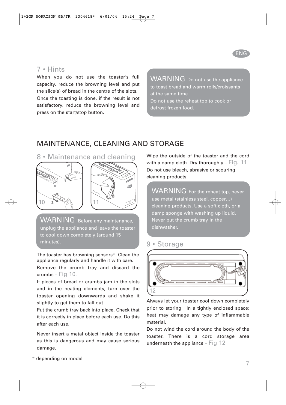 Maintenance, cleaning and storage 7 • hints, 8 • maintenance and cleaning, 9 • storage | Warning | ROWENTA Toaster User Manual | Page 7 / 11