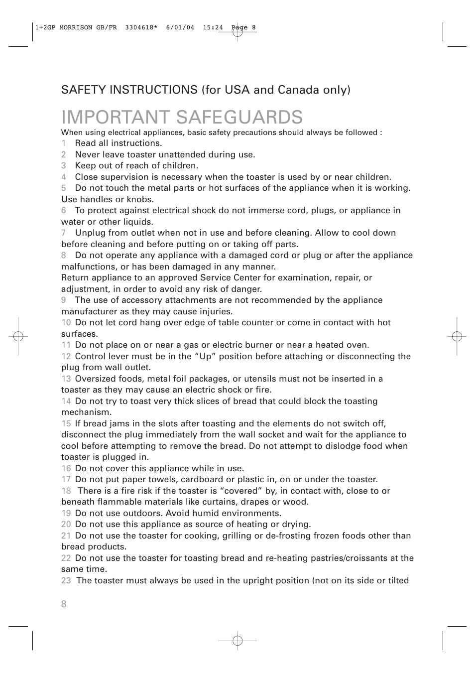 Important safeguards, Safety instructions (for usa and canada only) | ROWENTA Toaster User Manual | Page 8 / 11