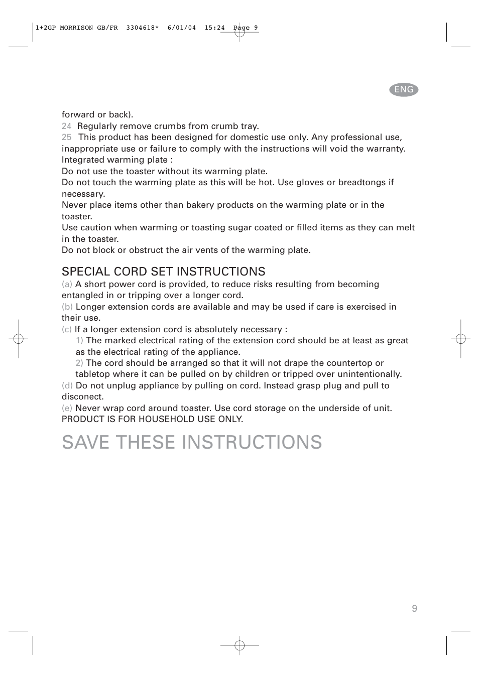 Save these instructions, Special cord set instructions | ROWENTA Toaster User Manual | Page 9 / 11