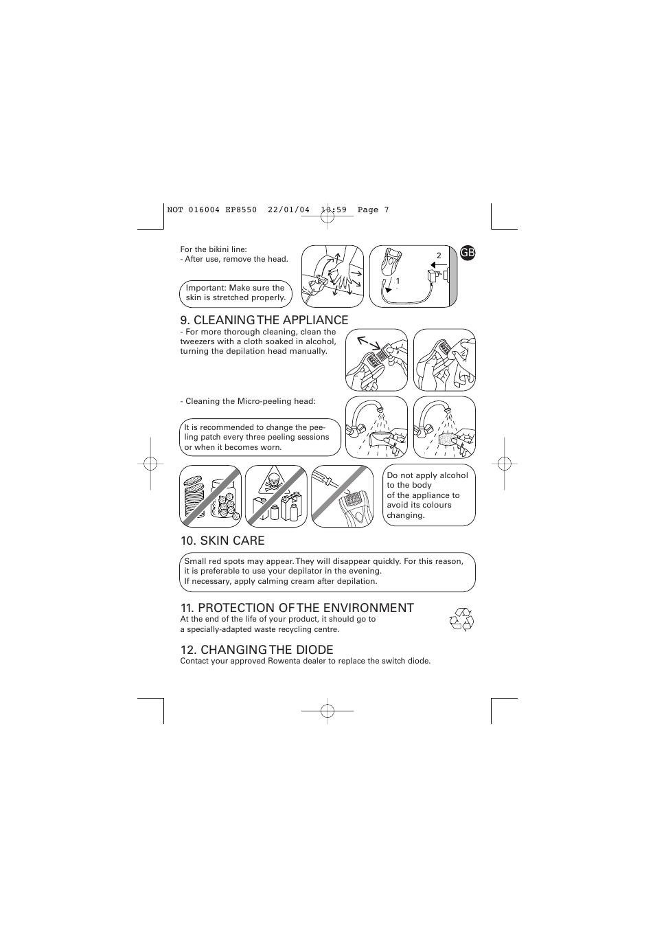 Cleaning the appliance, Protection of the environment, Changing the diode | Skin care | ROWENTA ACCESS EP8550 User Manual | Page 7 / 7