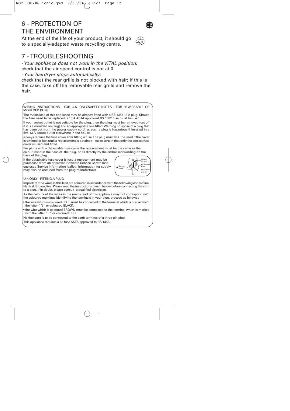 6 - protection of the environment, 7 - troubleshooting | ROWENTA PROVITAL CV8040 User Manual | Page 8 / 8