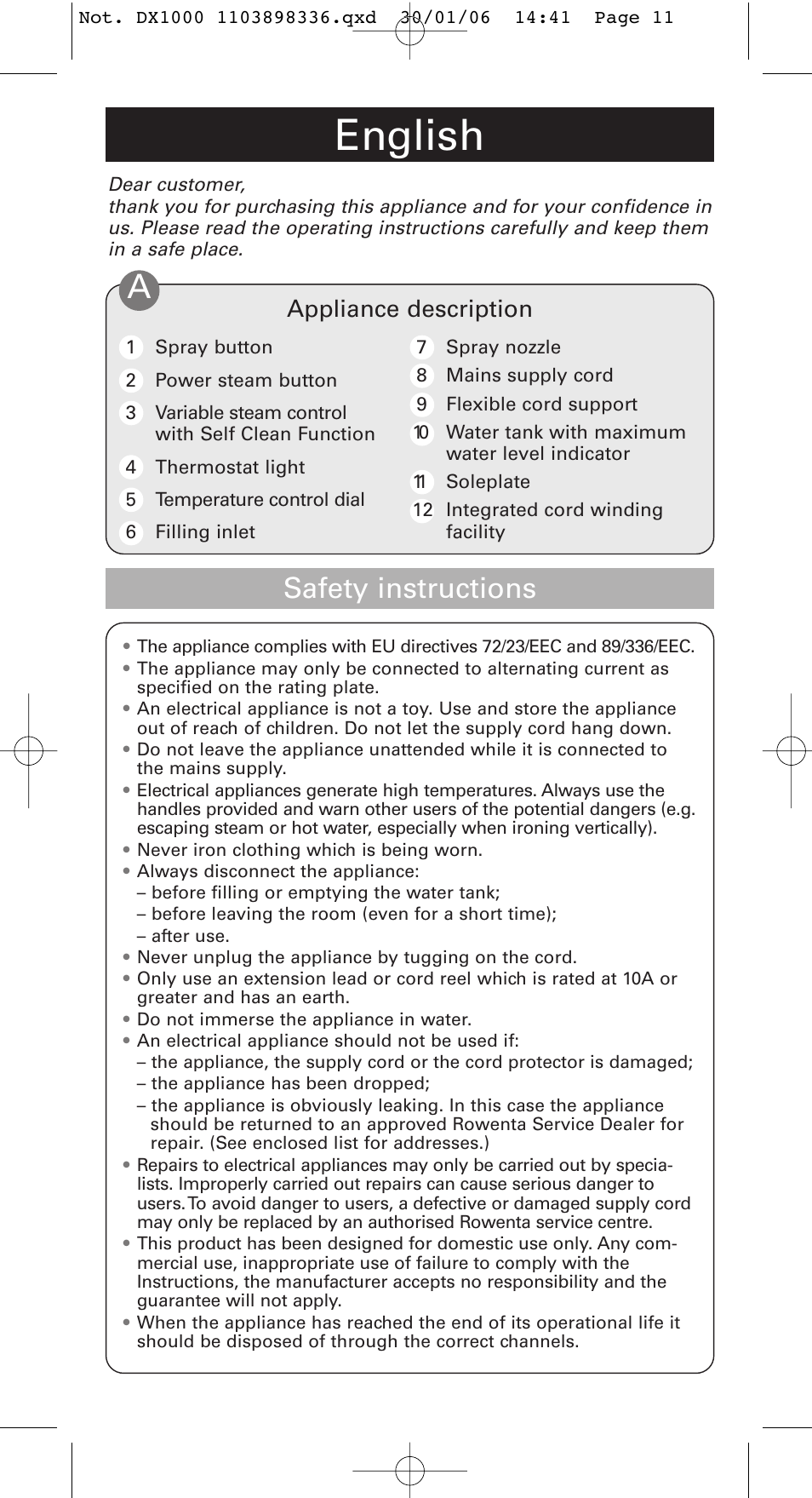 English, Safety instructions, Appliance description | ROWENTA EFFECTIVE 1103898336 / 46-05 User Manual | Page 5 / 9