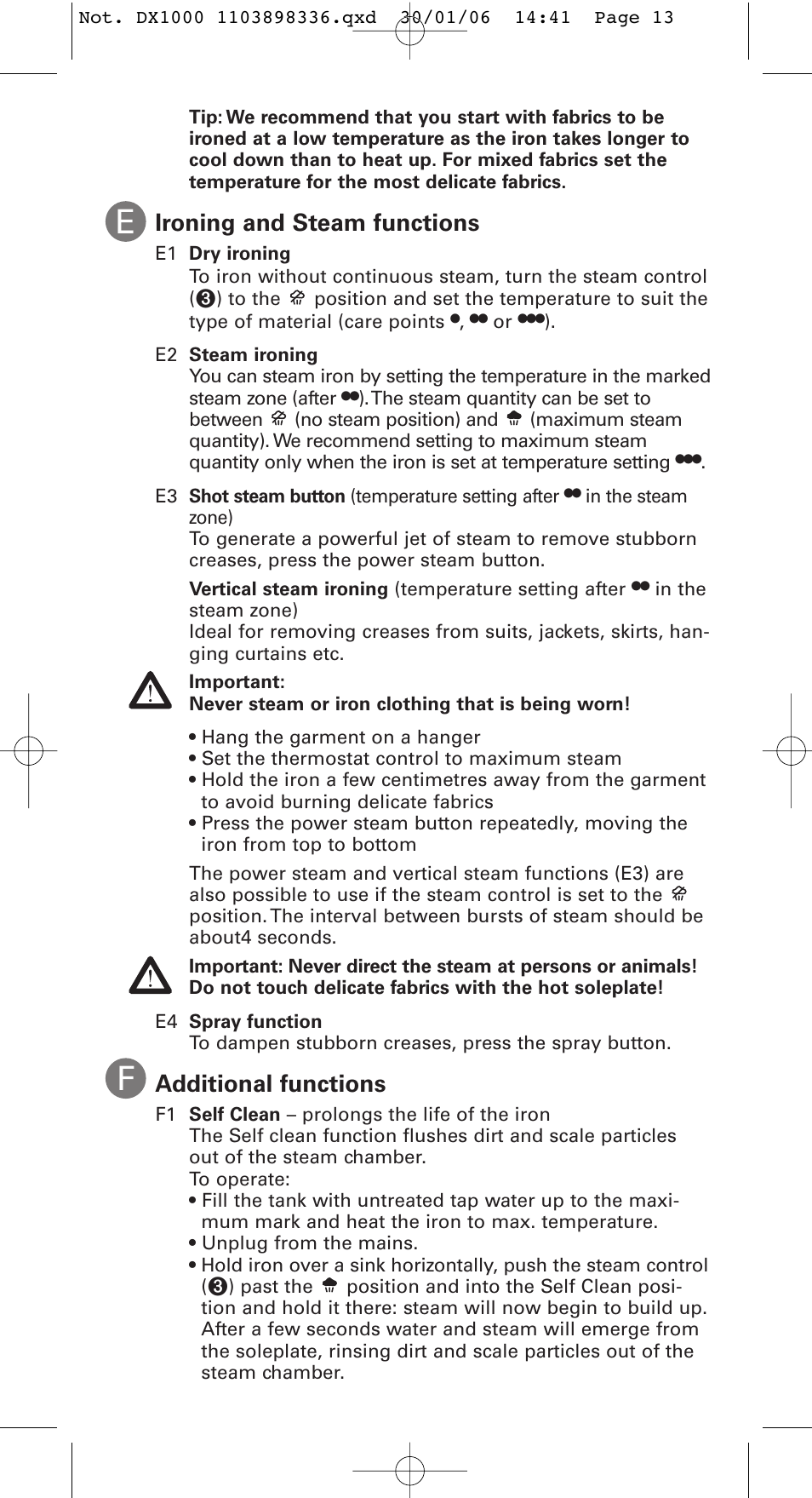 Ironing and steam functions, Additional functions | ROWENTA EFFECTIVE 1103898336 / 46-05 User Manual | Page 7 / 9