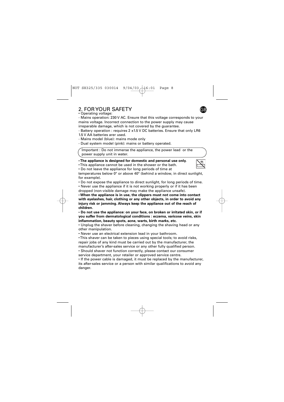 For your safety | ROWENTA LISSEA 030014 - 4/03 SH325/335 User Manual | Page 3 / 6