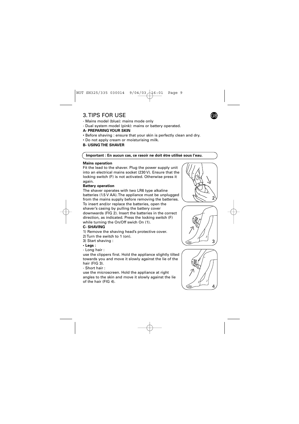 ROWENTA LISSEA 030014 - 4/03 SH325/335 User Manual | Page 4 / 6
