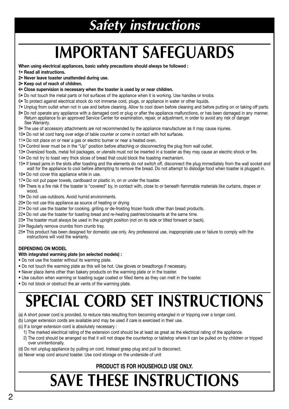 Important safeguards, Special cord set instructions, Save these instructions | Safety instructions | ROWENTA 2-Slice Toaster User Manual | Page 2 / 8