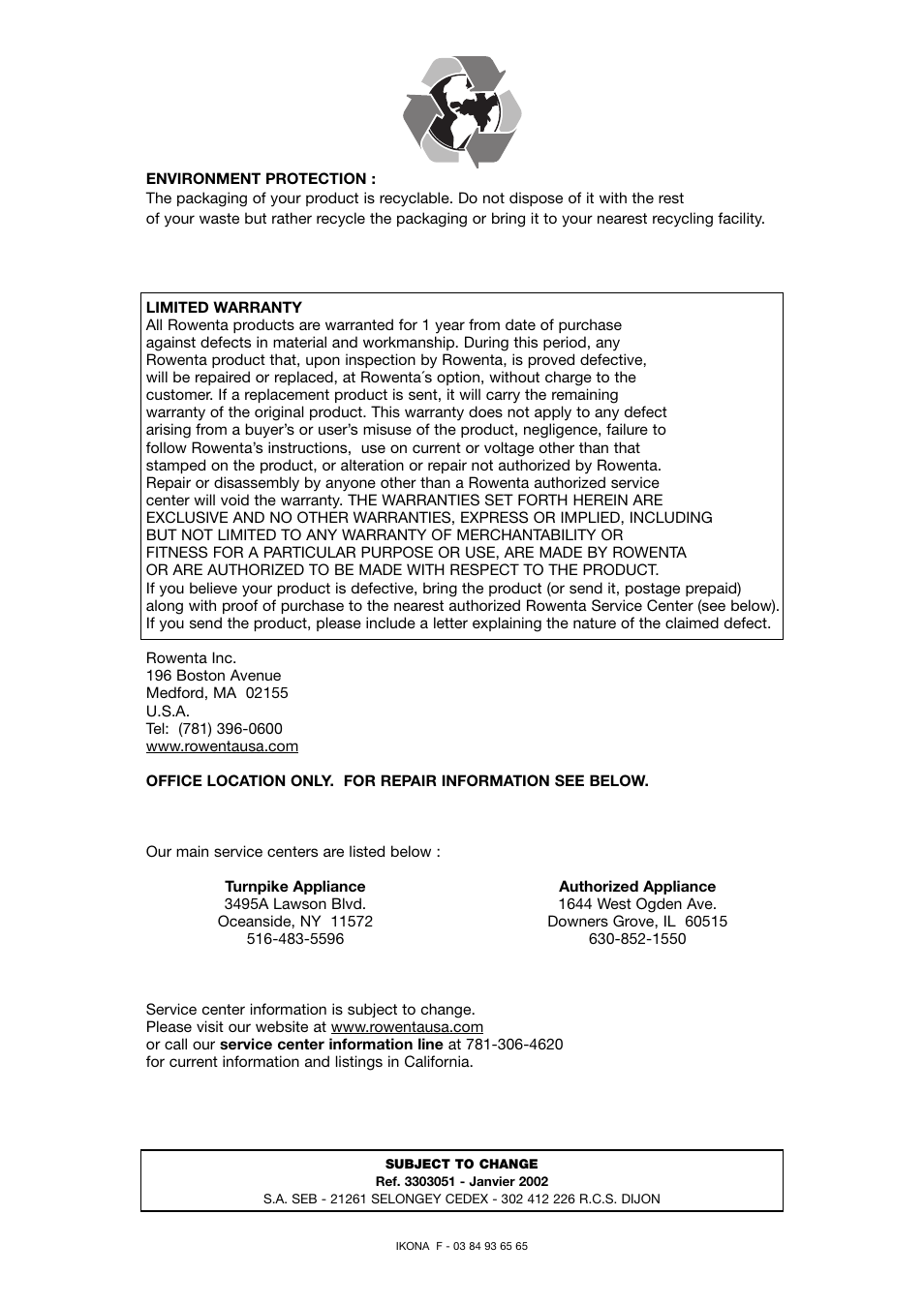 ROWENTA 2-Slice Toaster User Manual | Page 8 / 8
