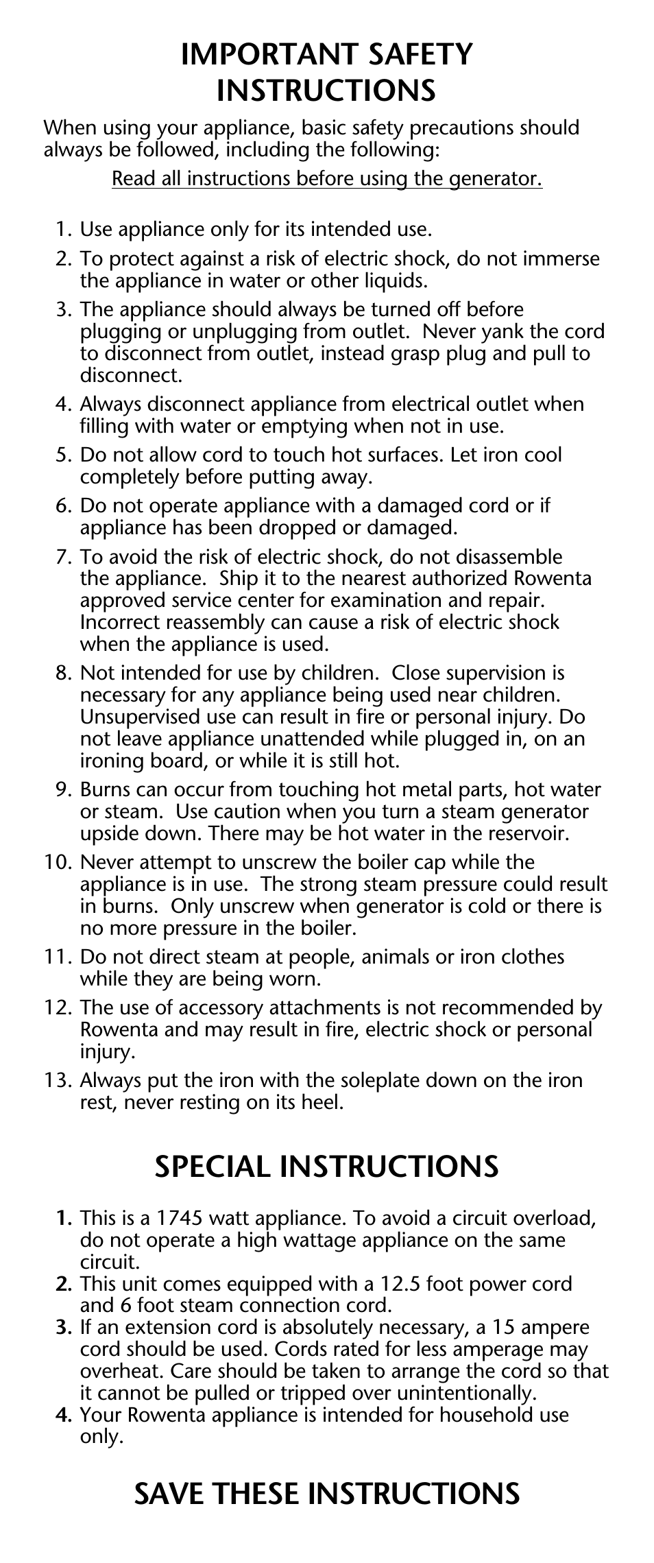 Important safety instructions, Special instructions, Save these instructions | ROWENTA DG 560 User Manual | Page 2 / 10